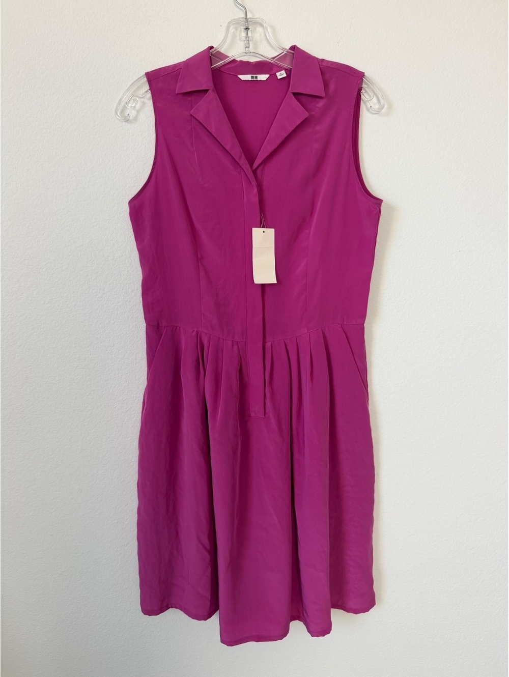 Uniqlo Sleeveless Half Button Collared V-Neck Purple Pleated Shirt Dress Size S